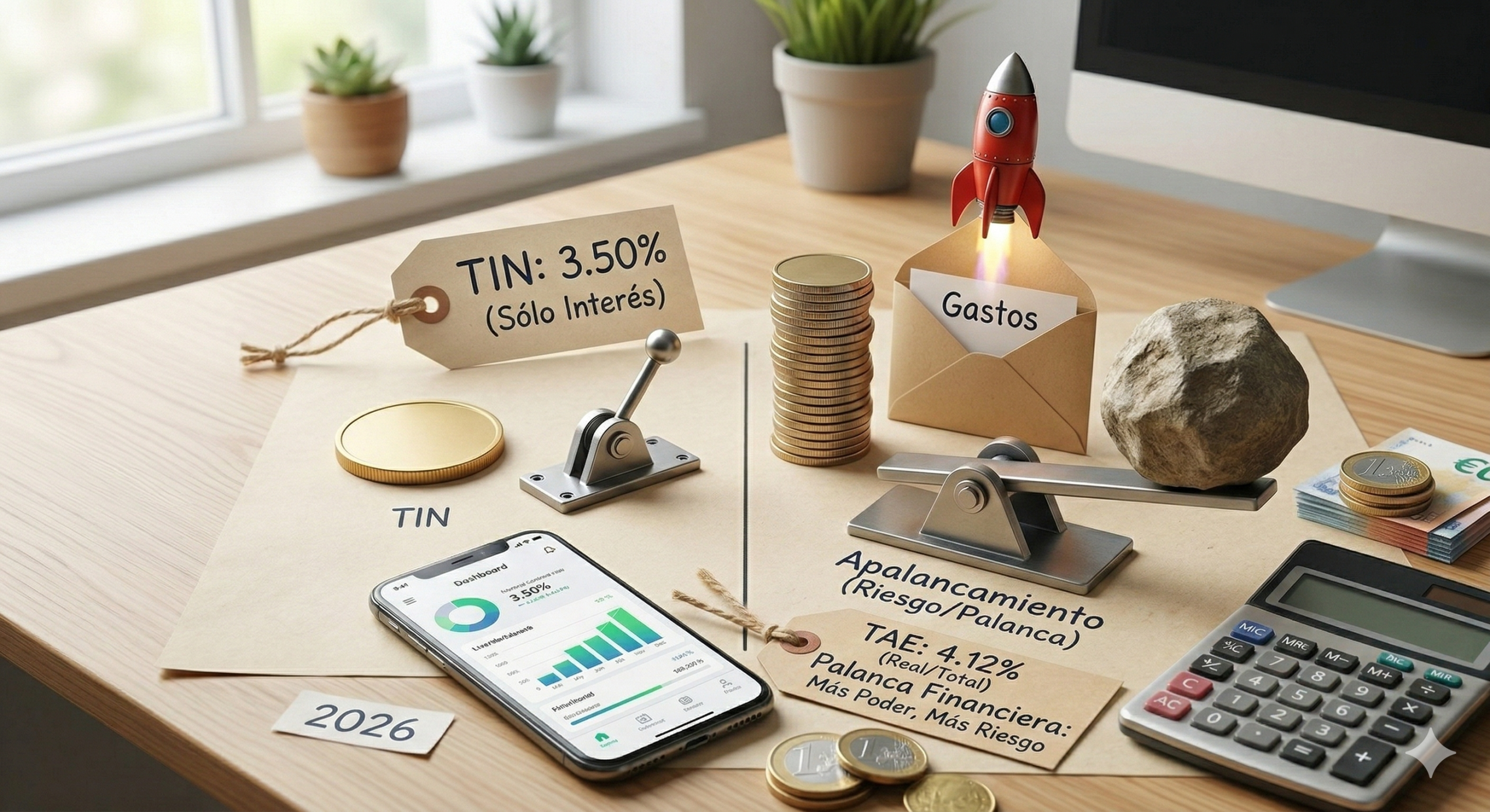 Infografía didáctica sobre la diferencia entre TIN y TAE y el concepto de apalancamiento financiero 2026.